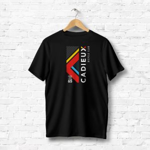 Blank V-Neck T-Shirts Mock-up hanging on white brick wall, front and rear side view.